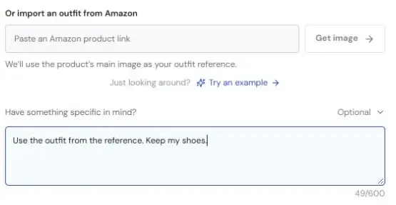 Amazon product link field and an example custom outfit instruction